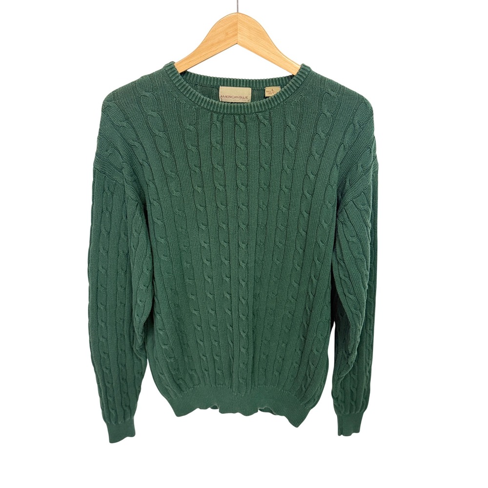 American Blue Mens Green Cable Knit Cotton Crew Neck Sweater Size Large